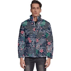 Japanese Wave Koi Illustration Seamless Pattern Men s Puffer Bubble Jacket Coat by Bedest