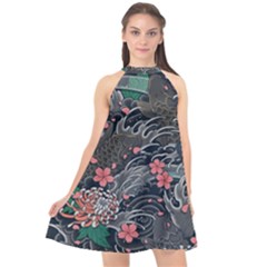 Japanese Wave Koi Illustration Seamless Pattern Halter Neckline Chiffon Dress  by Bedest