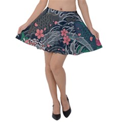 Japanese Wave Koi Illustration Seamless Pattern Velvet Skater Skirt