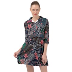 Japanese Wave Koi Illustration Seamless Pattern Mini Skater Shirt Dress by Bedest