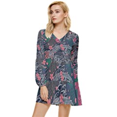 Japanese Wave Koi Illustration Seamless Pattern Tiered Long Sleeve Mini Dress by Bedest