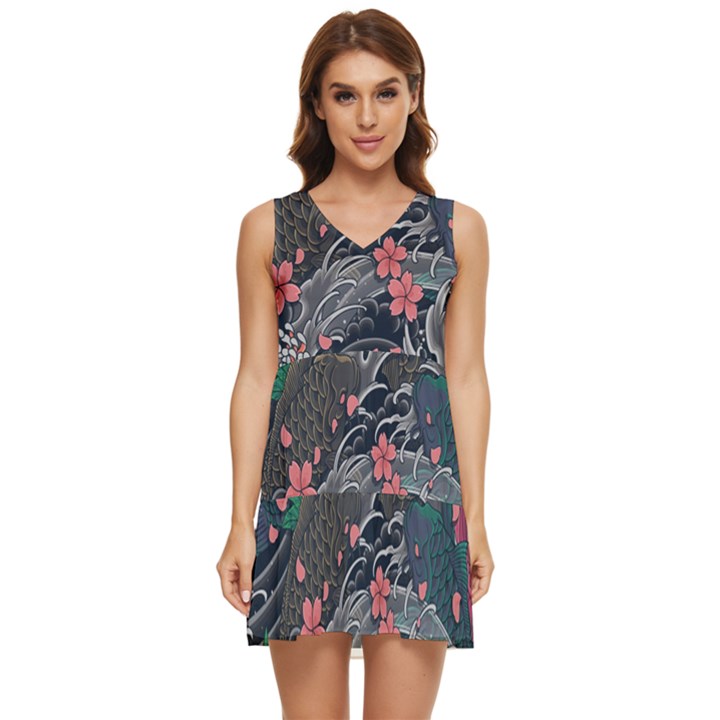 Japanese Wave Koi Illustration Seamless Pattern Tiered Sleeveless Mini Dress