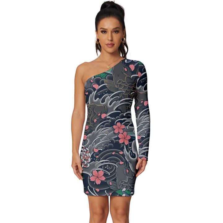 Japanese Wave Koi Illustration Seamless Pattern Long Sleeve One Shoulder Mini Dress