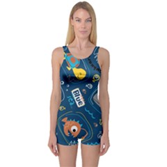 Seamless Pattern Vector Submarine With Sea Animals Cartoon One Piece Boyleg Swimsuit