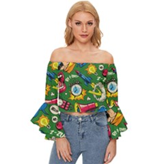 Pop Art Colorful Seamless Pattern Off Shoulder Flutter Bell Sleeve Top by Bedest