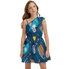 Seamless Pattern Vector Submarine With Sea Animals Cartoon Kids  One Shoulder Party Dress by Bedest