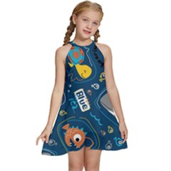 Seamless Pattern Vector Submarine With Sea Animals Cartoon Kids  Halter Collar Waist Tie Chiffon Dress by Bedest