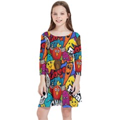 Graffiti Characters Seamless Pattern Kids  Quarter Sleeve Skater Dress by Bedest