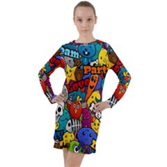 Graffiti Characters Seamless Pattern Long Sleeve Hoodie Dress