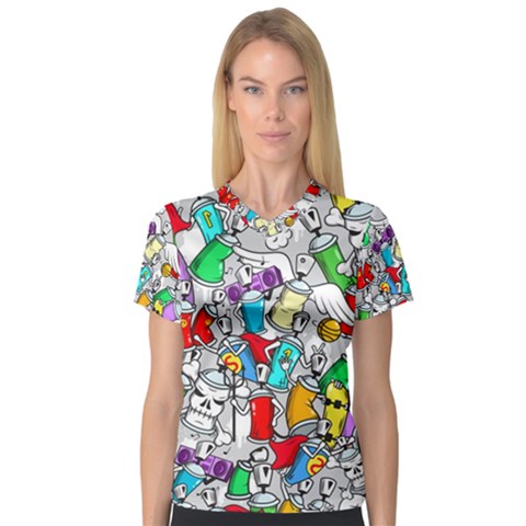 Graffity Characters Seamless Pattern Art V-neck Sport Mesh T-shirt by Bedest