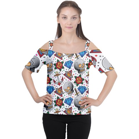 Full Color Flash Tattoo Patterns Cutout Shoulder T-shirt by Bedest