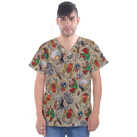 Tattoo Pattern Men s V-neck Scrub Top by Bedest