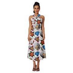 Full Color Flash Tattoo Patterns Sleeveless Cross Front Cocktail Midi Chiffon Dress by Bedest