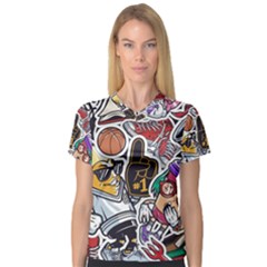 Vintage College Colorful Seamless Pattern V-neck Sport Mesh T-shirt