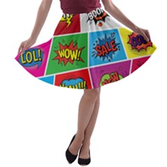 Pop Art Comic Vector Speech Cartoon Bubbles Popart Style With Humor Text Boom Bang Bubbling Expressi A-line Skater Skirt by Bedest