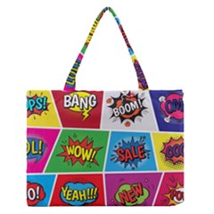 Pop Art Comic Vector Speech Cartoon Bubbles Popart Style With Humor Text Boom Bang Bubbling Expressi Zipper Medium Tote Bag by Bedest