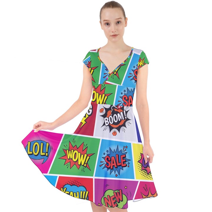 Pop Art Comic Vector Speech Cartoon Bubbles Popart Style With Humor Text Boom Bang Bubbling Expressi Cap Sleeve Front Wrap Midi Dress