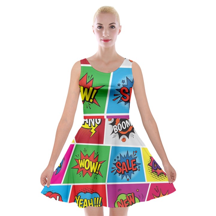 Pop Art Comic Vector Speech Cartoon Bubbles Popart Style With Humor Text Boom Bang Bubbling Expressi Velvet Skater Dress