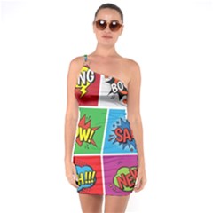 Pop Art Comic Vector Speech Cartoon Bubbles Popart Style With Humor Text Boom Bang Bubbling Expressi One Shoulder Ring Trim Bodycon Dress by Bedest