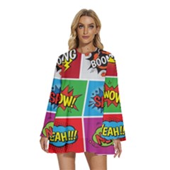 Pop Art Comic Vector Speech Cartoon Bubbles Popart Style With Humor Text Boom Bang Bubbling Expressi Round Neck Long Sleeve Bohemian Style Chiffon Mini Dress by Bedest