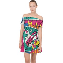 Comic Colorful Seamless Pattern Off Shoulder Chiffon Dress by Bedest