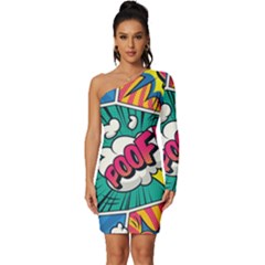 Comic Colorful Seamless Pattern Long Sleeve One Shoulder Mini Dress by Bedest