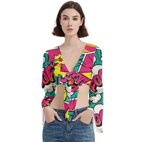 Comic Colorful Seamless Pattern Trumpet Sleeve Cropped Top by Bedest