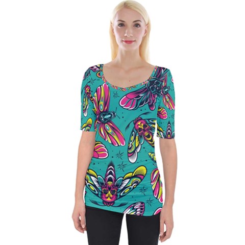 Vintage Colorful Insects Seamless Pattern Wide Neckline T-shirt by Bedest