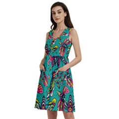 Vintage Colorful Insects Seamless Pattern Sleeveless Dress With Pocket