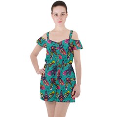 Vintage Colorful Insects Seamless Pattern Ruffle Cut Out Chiffon Playsuit by Bedest