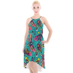 Vintage Colorful Insects Seamless Pattern High-low Halter Chiffon Dress 