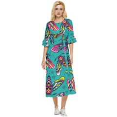 Vintage Colorful Insects Seamless Pattern Double Cuff Midi Dress by Bedest