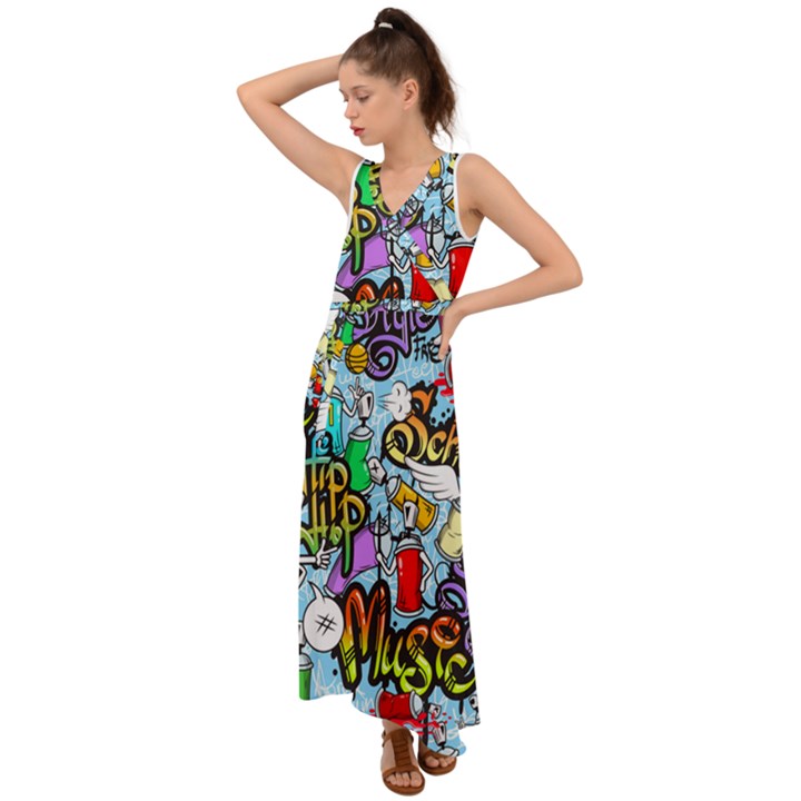 Graffiti Characters Seamless Patterns V-Neck Chiffon Maxi Dress