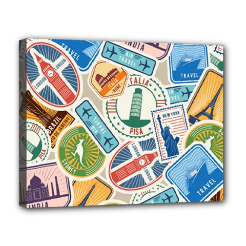 Travel Pattern Immigration Stamps Stickers With Historical Cultural Objects Travelling Visa Immigran Canvas 14  X 11  (stretched) by Bedest