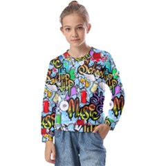 Graffiti Characters Seamless Patterns Kids  Long Sleeve T-shirt With Frill 