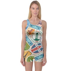 Travel Pattern Immigration Stamps Stickers With Historical Cultural Objects Travelling Visa Immigran One Piece Boyleg Swimsuit