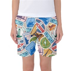 Travel Pattern Immigration Stamps Stickers With Historical Cultural Objects Travelling Visa Immigran Women s Basketball Shorts by Bedest