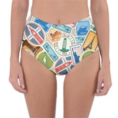 Travel Pattern Immigration Stamps Stickers With Historical Cultural Objects Travelling Visa Immigran Reversible High-waist Bikini Bottoms by Bedest