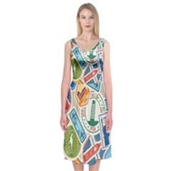 Travel Pattern Immigration Stamps Stickers With Historical Cultural Objects Travelling Visa Immigran Midi Sleeveless Dress by Bedest