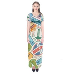 Travel Pattern Immigration Stamps Stickers With Historical Cultural Objects Travelling Visa Immigran Short Sleeve Maxi Dress by Bedest