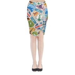 Travel Pattern Immigration Stamps Stickers With Historical Cultural Objects Travelling Visa Immigran Midi Wrap Pencil Skirt by Bedest