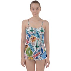 Travel Pattern Immigration Stamps Stickers With Historical Cultural Objects Travelling Visa Immigran Babydoll Tankini Top by Bedest