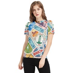 Travel Pattern Immigration Stamps Stickers With Historical Cultural Objects Travelling Visa Immigran Women s Short Sleeve Rash Guard by Bedest