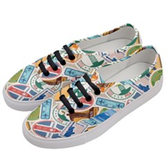 Travel Pattern Immigration Stamps Stickers With Historical Cultural Objects Travelling Visa Immigran Women s Classic Low Top Sneakers by Bedest