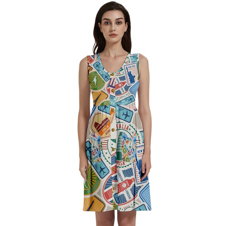 Travel Pattern Immigration Stamps Stickers With Historical Cultural Objects Travelling Visa Immigran Sleeveless Dress With Pocket