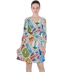 Travel Pattern Immigration Stamps Stickers With Historical Cultural Objects Travelling Visa Immigran Quarter Sleeve Ruffle Waist Dress by Bedest