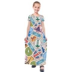 Travel Pattern Immigration Stamps Stickers With Historical Cultural Objects Travelling Visa Immigran Kids  Short Sleeve Maxi Dress by Bedest