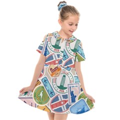 Travel Pattern Immigration Stamps Stickers With Historical Cultural Objects Travelling Visa Immigran Kids  Short Sleeve Shirt Dress by Bedest