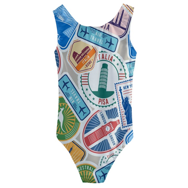 Travel Pattern Immigration Stamps Stickers With Historical Cultural Objects Travelling Visa Immigran Kids  Cut-Out Back One Piece Swimsuit