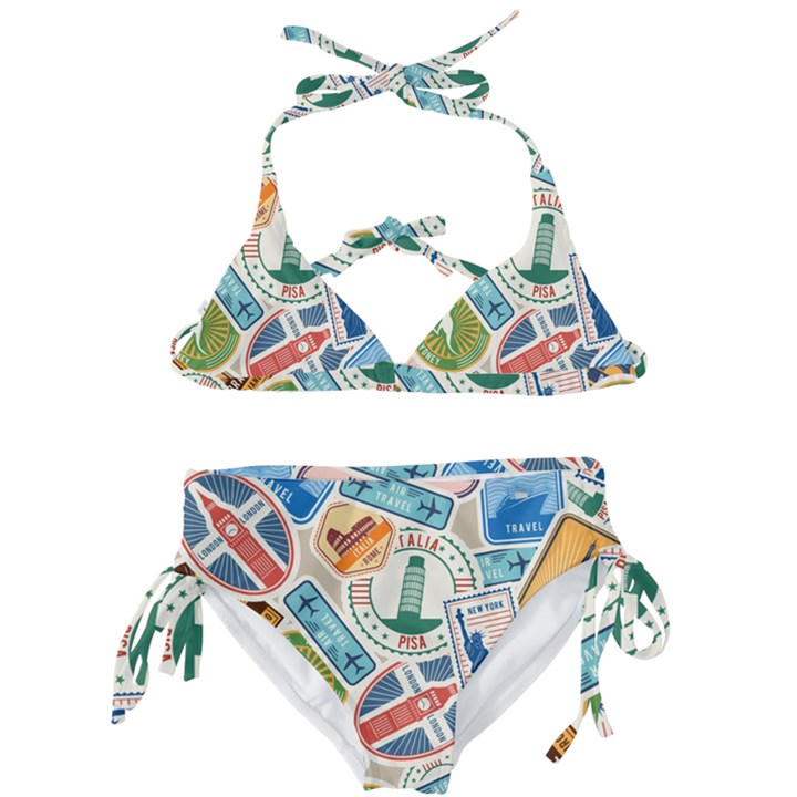 Travel Pattern Immigration Stamps Stickers With Historical Cultural Objects Travelling Visa Immigran Kids  Classic Bikini Set